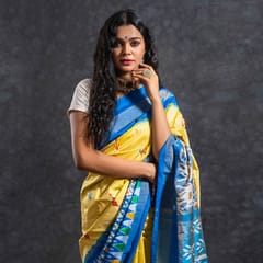 Pochampally Ikkat Silk Saree / Yellow Colour / Blue Border HPISSCJ0121