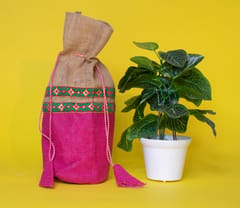 Green & Pink Designer Jute Potli Bag