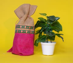 Green & Pink Designer Jute Potli Bag
