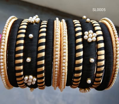 Black and Gold Silk Thread Bangles - SL0005