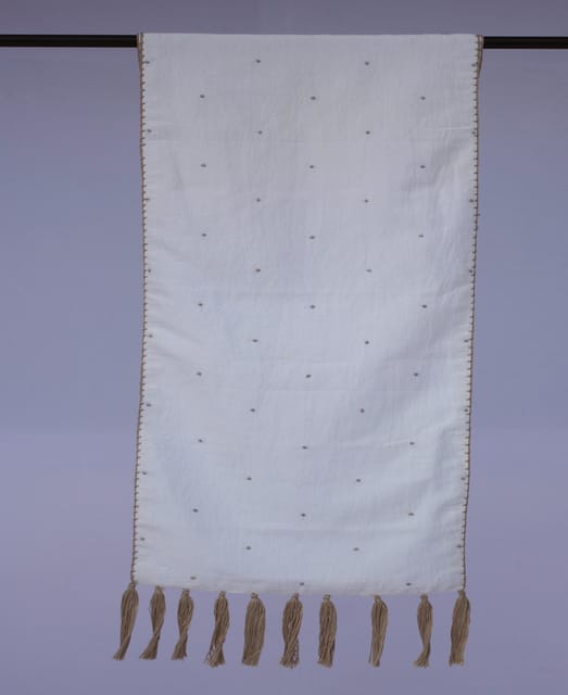 White Table Runner With Brown Chikankari Embroidery