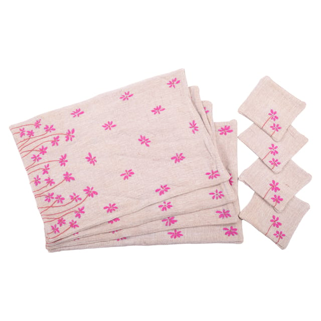 Set Of 4 Table Placemat And Set Of Coasters With Pink Color Chikankari Embroidery