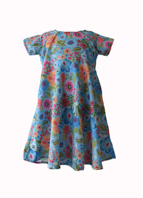Blue Floral Print Fit And Flare Girls Dress