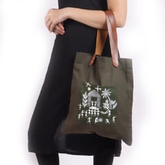 Green Cotton Linen With Warli Hand Painted Tote Bag