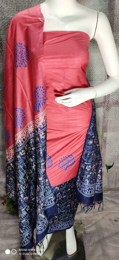 Pure Katan Silk Unstitched Salwar Suit Fabric with Silk Mark ;Sunset Orange with Navy Blue