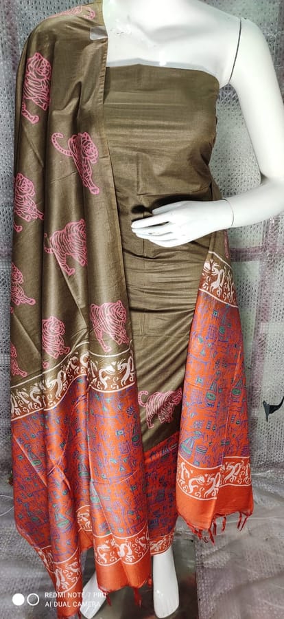 Pure Katan Silk Unstitched Salwar Suit Fabric with Silk Mark; Sap Green with Orange