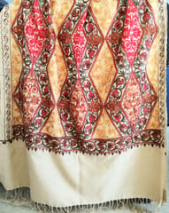 Pure Wool Cream Shawl with Beautiful Aari Work with Multi-coloured Threads