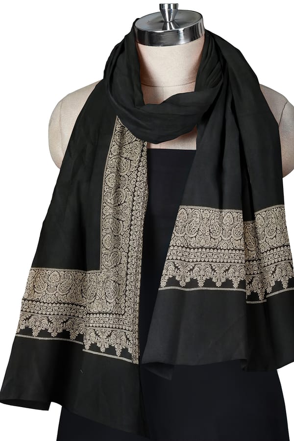 Black woollen stole with Kashmiri embroidery