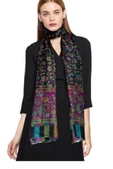 Pure Pashmina Fine Wool Stole with Kani Work - Super Soft Black with beautiful multicolour florals