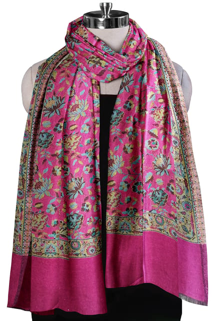 Pure Wool Super Soft Jamawar Reversible Stole - Black and Majenta with multicolour weaves