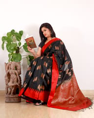 Smart and Elegant Black Bangalore Silk Gadwal Saree with contrast Red Aanchal with Heavy Antique Zari Work