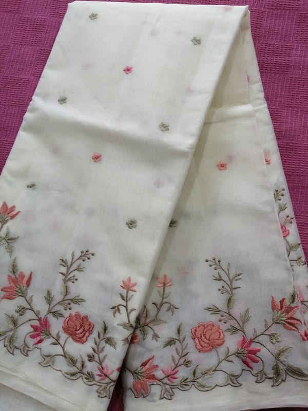 Beautiful Embroidered Organza Saree in Off-White