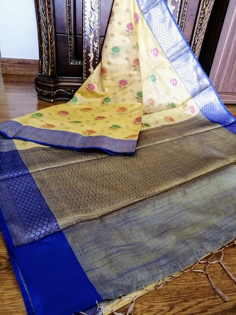 Banarsi Cotton Silk  Saree with Meenakari work in Lemon Yellow and Contrast Ink blue Border & Aanchal