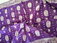 Fine Cotton Balucheri Saree in Russian Violet and Gold with Beautiful  Traditional Mythological figures