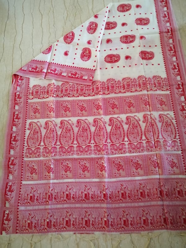Bengal Soft Cotton Baluchari Saree in White with Tomato Red and Gold thread weaving