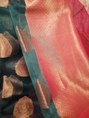 Pure Banarsi Organza Saree in Forest green with contrast Majenta and Gold Zari woven Aanchal and Border