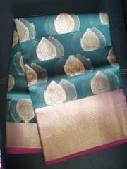 Pure Banarsi Organza Saree in Forest green with contrast Majenta and Gold Zari woven Aanchal and Border