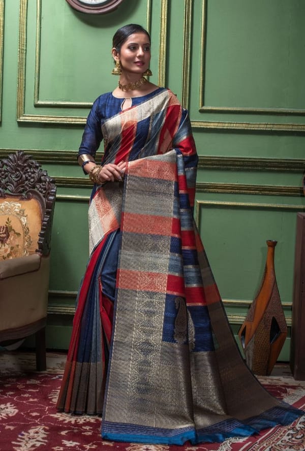 Beautiful Bengal Pure Raw Tussar Silk Saree in Blue, Grey, Red and Gold with Zari Weaves and Bishnoi Broad Border