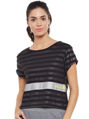Alcis Women Black Striped Round Neck Sports T-shirt - Quick-Dry