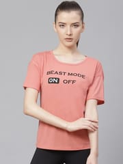 Alcis Women Peach-Coloured Printed Round Neck T-shirt - Quick-Dry