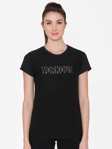 Clovia Gym/Sports Text Print Activewear T-Shirt in Black - Quick-Dry