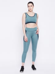 Clovia Snug Fit Active Mid-Rise Ankle-Length Tights & Padded Non Wired Sports Bra Combo Blue  - Quick-Dry